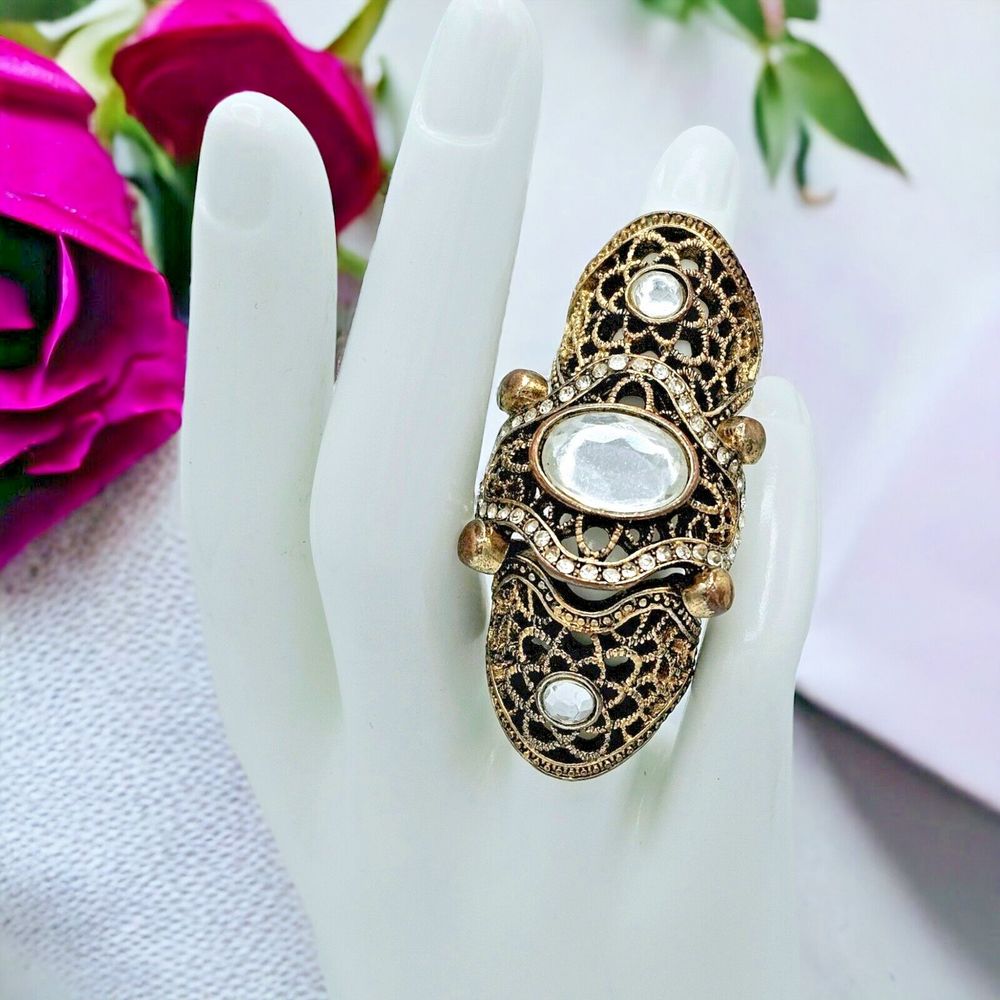 Victorian Full Finger Ring Vintage Flower Filigree Jewel Double Band Rhinestone